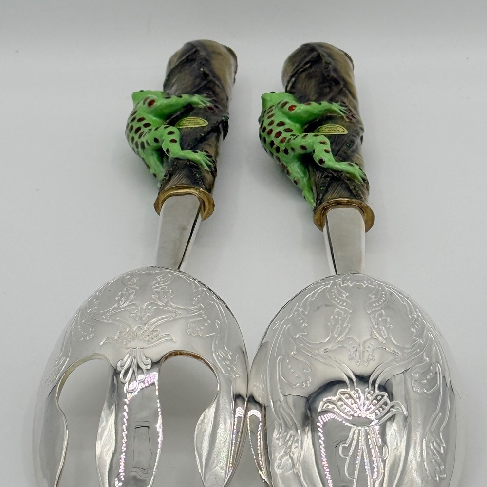 Vintage Frog & Dragonfly Salad Serving Set Resin Handles Silver Tone 11" - Picture 6 of 9